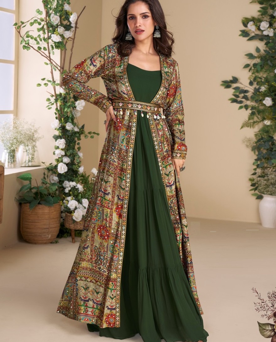 5827 - Designer Green Georgette Anarkali Gown with Multicolor Long Shrug